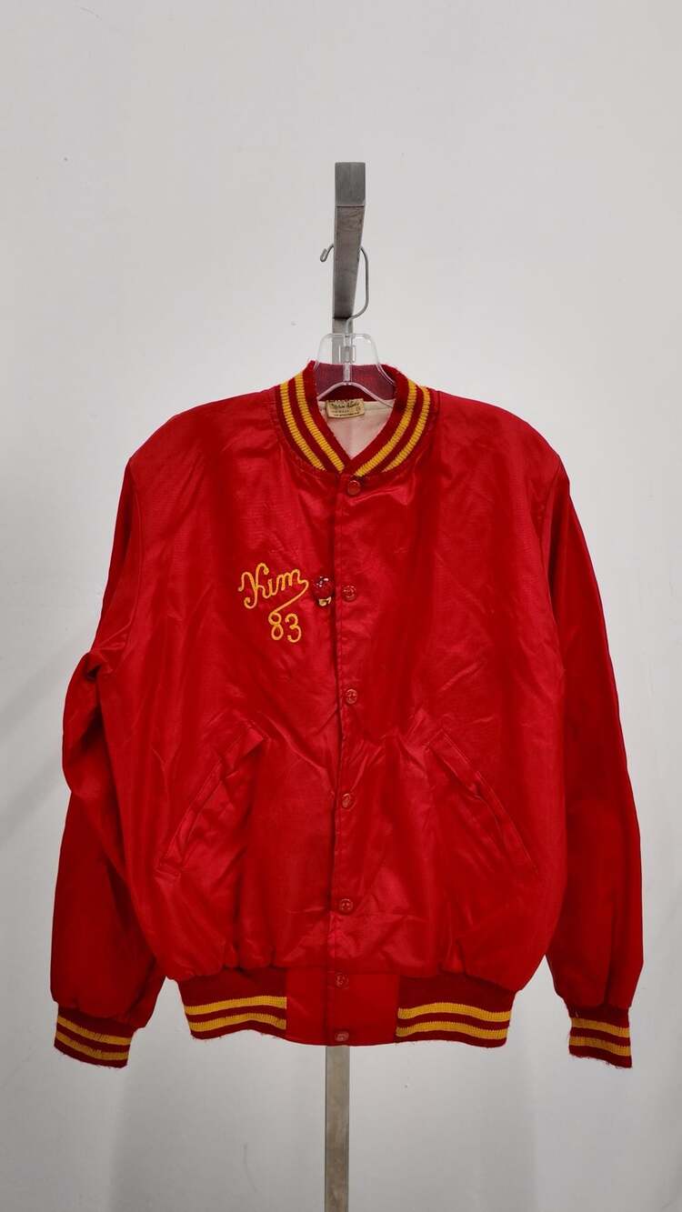 Vintage 1983 Bridgeport Pom Pon Jacket Satin Varsity Bomber - Red (XS)